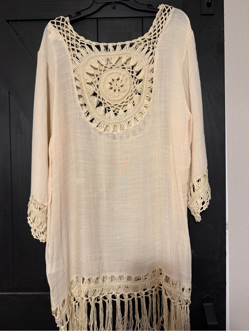 Women's Cream Crochet Fringe Swim Coverup